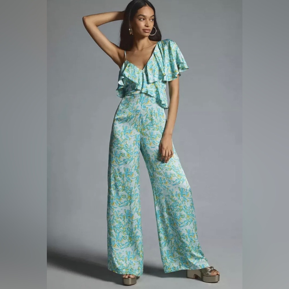 Anthropologie Corey Lynn Calter Silky Ruffle Wide-Leg Jumpsuit Size S. B27